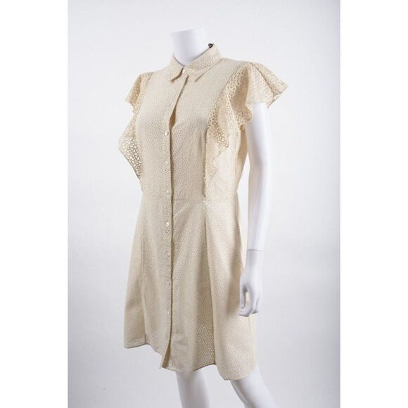 Theory Womens Nova Eyelet Ruffle Sleeve Shirtdress Mini Dress Ecru Sz 8 NWT - Picture 3 of 6